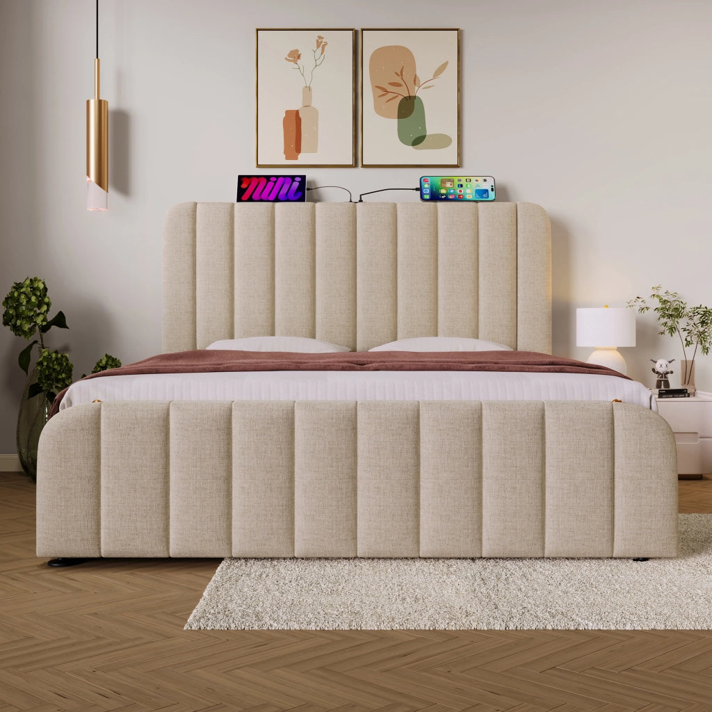 LETTO Contenitore 180x200 cm Beige in lino con USB Type-C