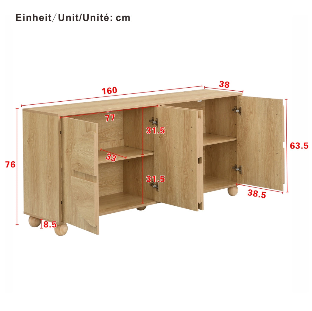 Sideboard a 4 ante con ripiani regolabili; 160x38x76 cm in MDF e pino; naturale