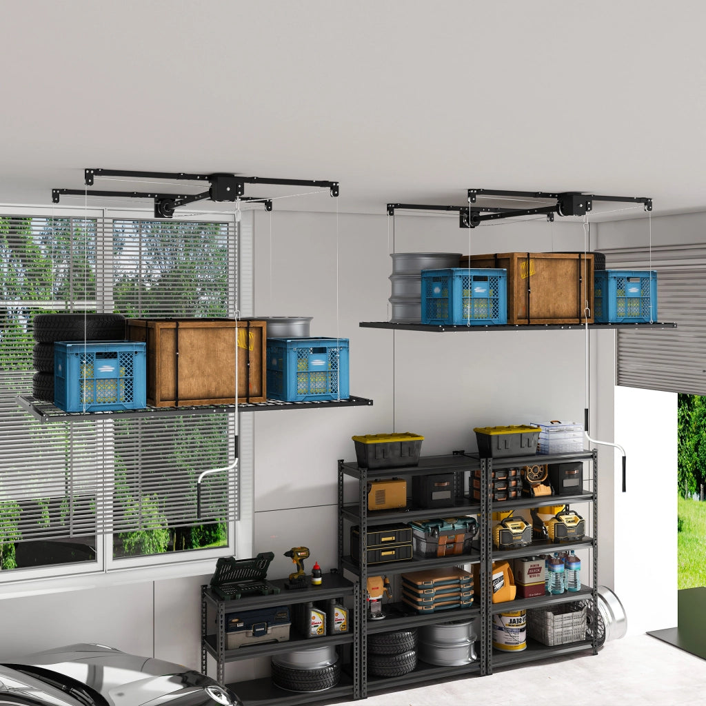 Scaffale da soffitto con sistema a manovella e bloccaggio manuale per garage in acciaio nero 120×240 cm