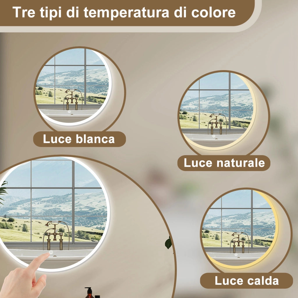 AICA Specchio Da Bagno Rotondo Da 90cm con LED, Antiappannamento, 3 Temperature Colore
