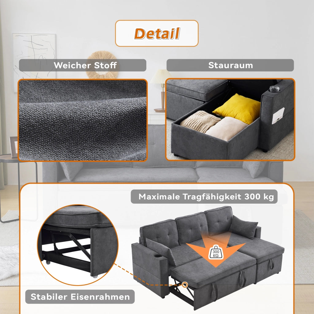 Divano Angolare Letto 3 Posti con Contenitore, Chaise Longue Reversibile, Tasche e Portabicchieri in Cotone Lino Grigio 211 × 130 × 86 cm