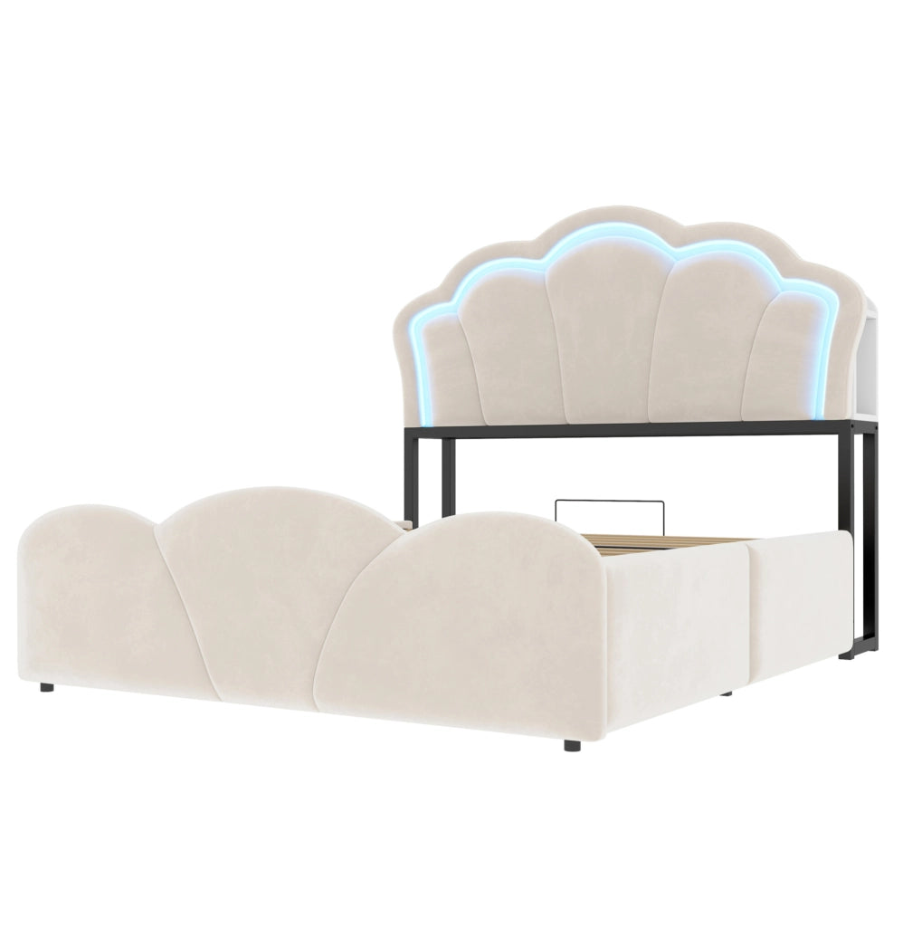 Letto imbottito 140x200 cm con vano contenitore, LED e prese integrate