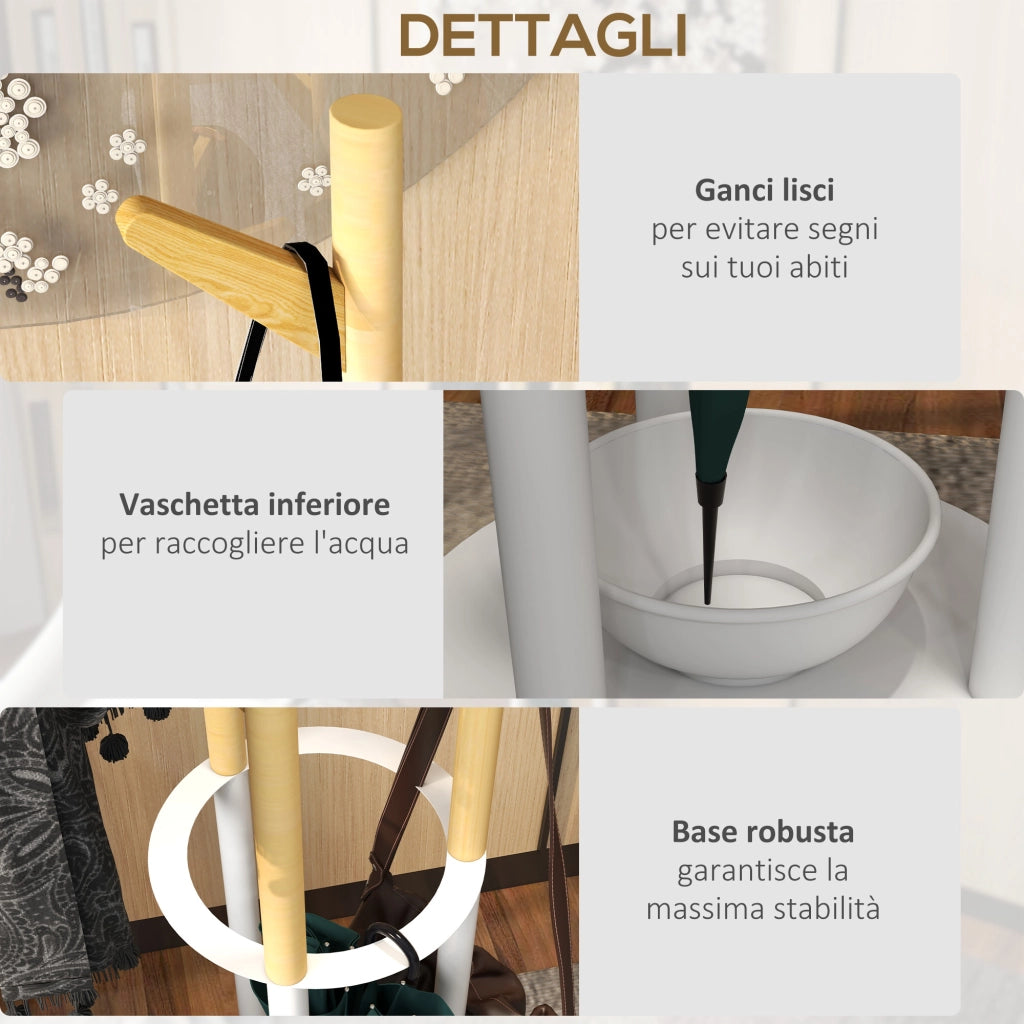 Appendiabiti da terra con portaombrelli e 12 ganci ¨C zephmum ¨C metallo bianco e bamb¨´ 90x30x180 cm