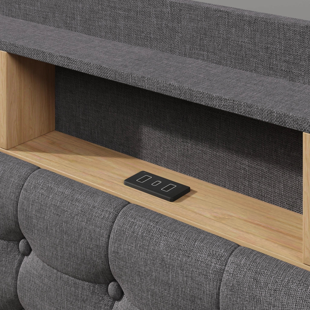 LETTO Contenitore 180x200 cm Grigio in Lino e MDF con LED, USB e Type-C