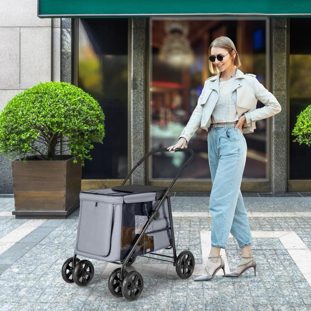 Passeggino per Cani Pieghevole, Carrello a 4 Ruote per Animali Domestici Piccoli e Medi, Trasportino Portatile con Ruote, Lucernario e Tasche, Chiusura Rapida (Grigio)