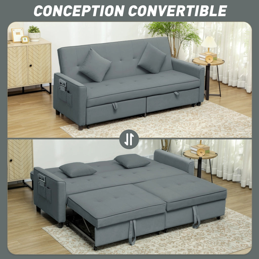 Divano letto 3 posti clic clac reversibile con regolazione schienale e cuscini ¨C zephmum ¨C grigio 196x90x89 cm