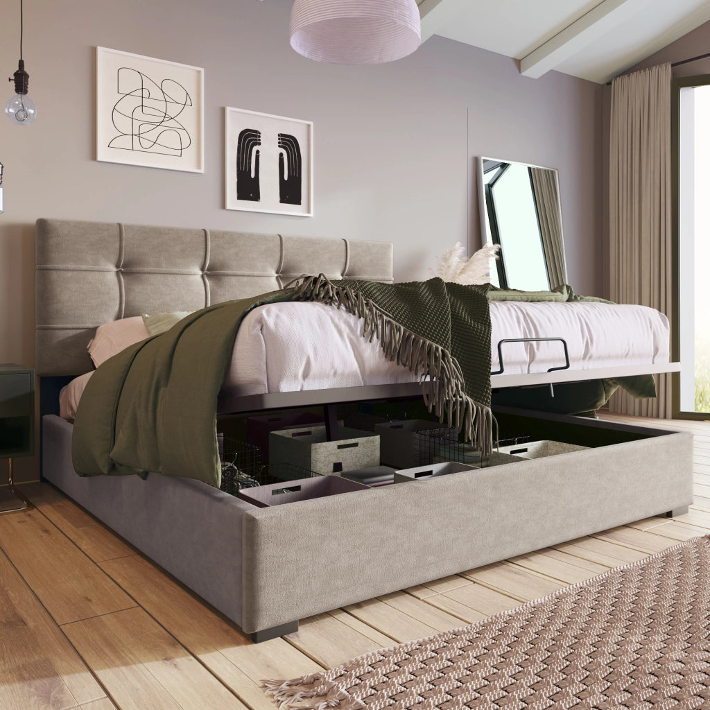Letto contenitore matrimoniale 140×200 cm con testiera regolabile e rete sollevabile; senza materasso; velluto; grigio chiaro