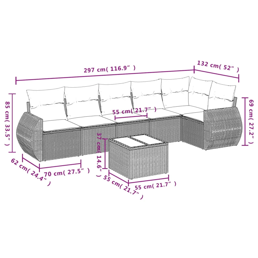 Set Divani da Giardino 7pz con Cuscini Grigio Chiaro Polyrattan