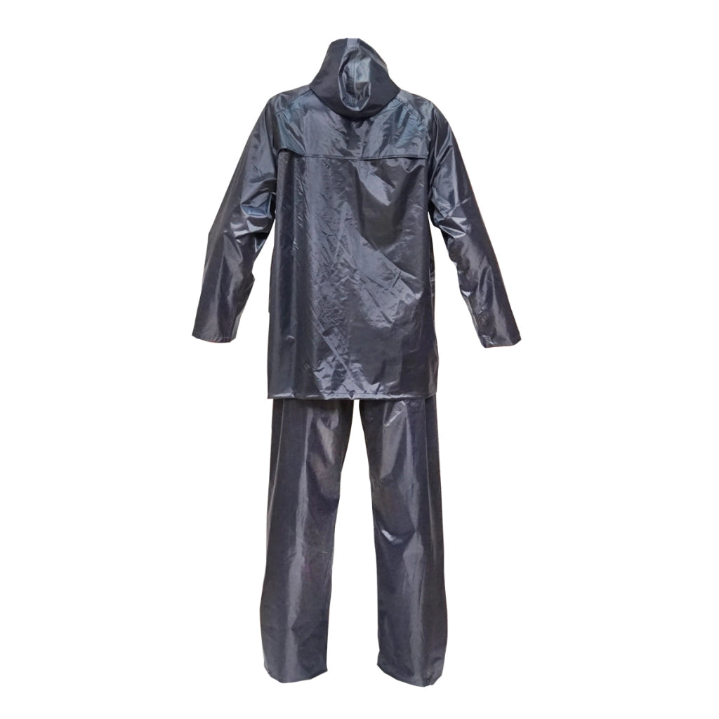 Completo impermeabile taglia L con cappuccio e pantaloni in poliestere e PVC, blu navy Breckner Germany.