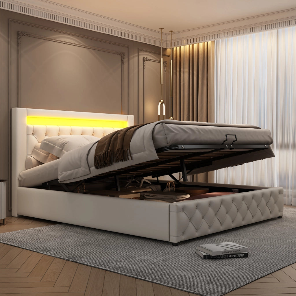 LETTO imbottito 160x200 cm bianco in PU con LED e cassettone