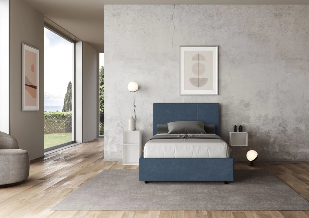 BS COM Letto una piazza e mezza con rete imbottito 120x190 microfibra blu