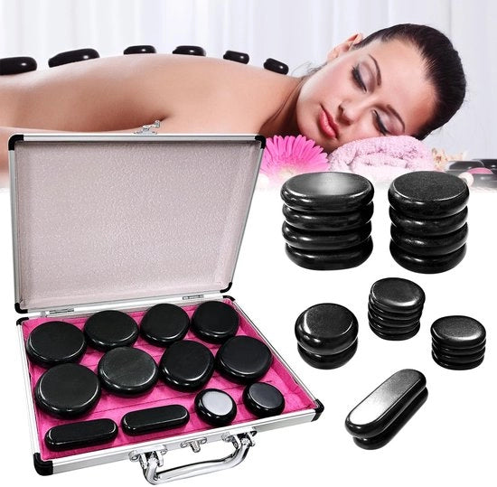 Kit di Massaggio con Pietre Calde - Portatile - Elettrico - Rilassamento - Basalto - Per Massaggio - 21 Pietre