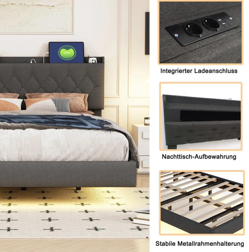 Letto imbottito matrimoniale 160x200 cm con LED a colori variabili; porta USB; contenitore; grigio