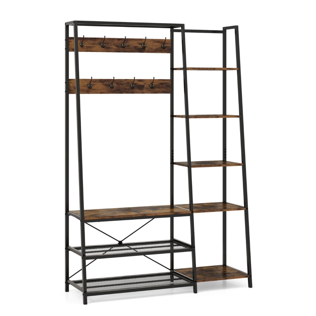 Appendiabiti con ripiani 9 ganci 5 ripiani laterali e 2 ripiani in rete, Scaffale d'ingresso 5-in-1 in metallo Marrone