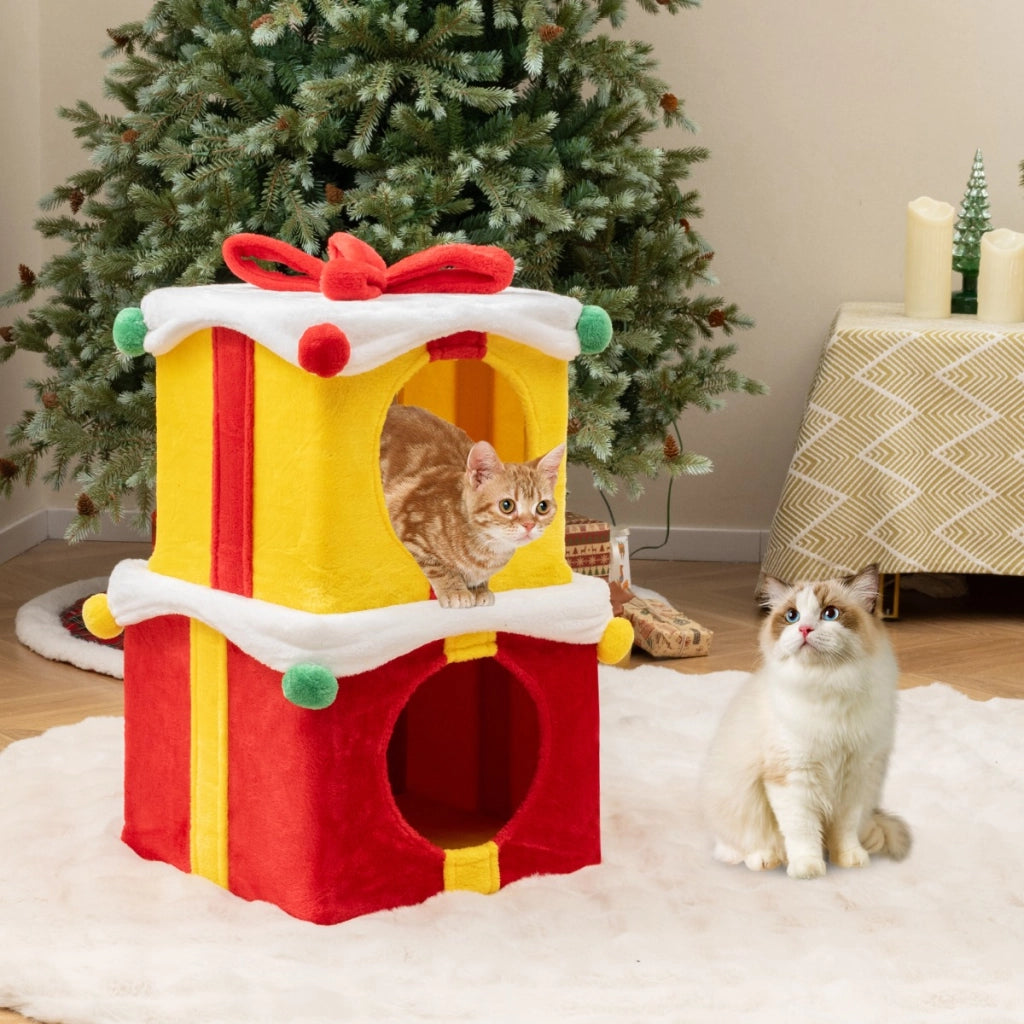 Casetta di Natale per gatti a 2 piani con fiocco, Kit di condo a forma di regalo impilabili con 2 condo Colorato