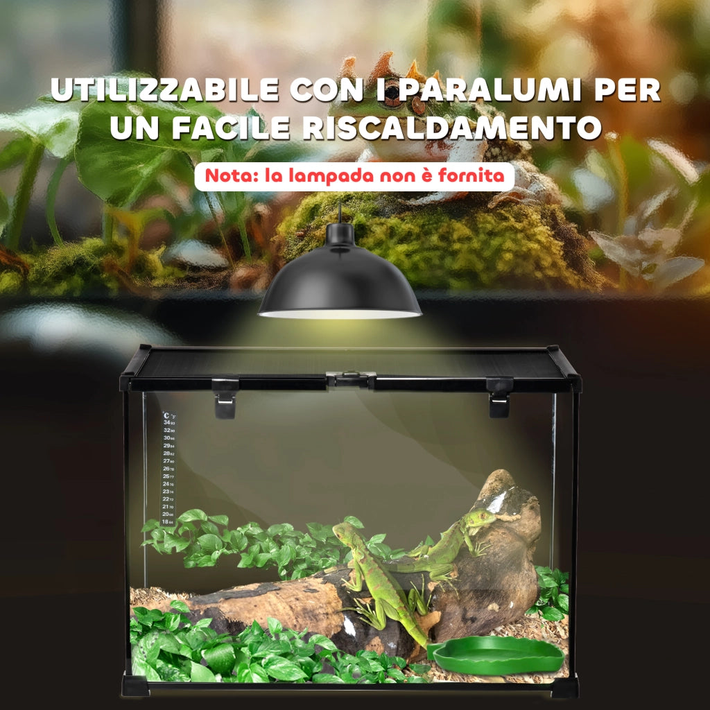 Terrario per Rettili Rialzato ¨C Xylo ¨C Vetro e Rete Metallica con Serratura e Termometro, 50x30x35 cm, Nero