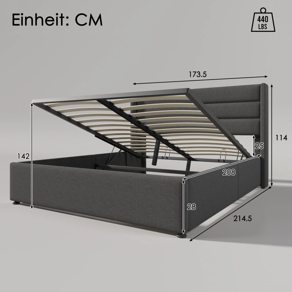 Letto Contenitore 160x200 cm; Letto Matrimoniale con Box Contenitore e Testiera Imbottita; in Lino; Grigio