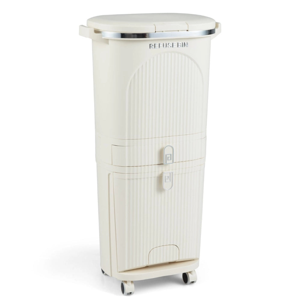 Cestino spazzatura 42l coperchio bidone 3 strati raccolta differenziata, Cestino spazzatura 2 secchi rimovibili Beige-Organizzazione della cucina