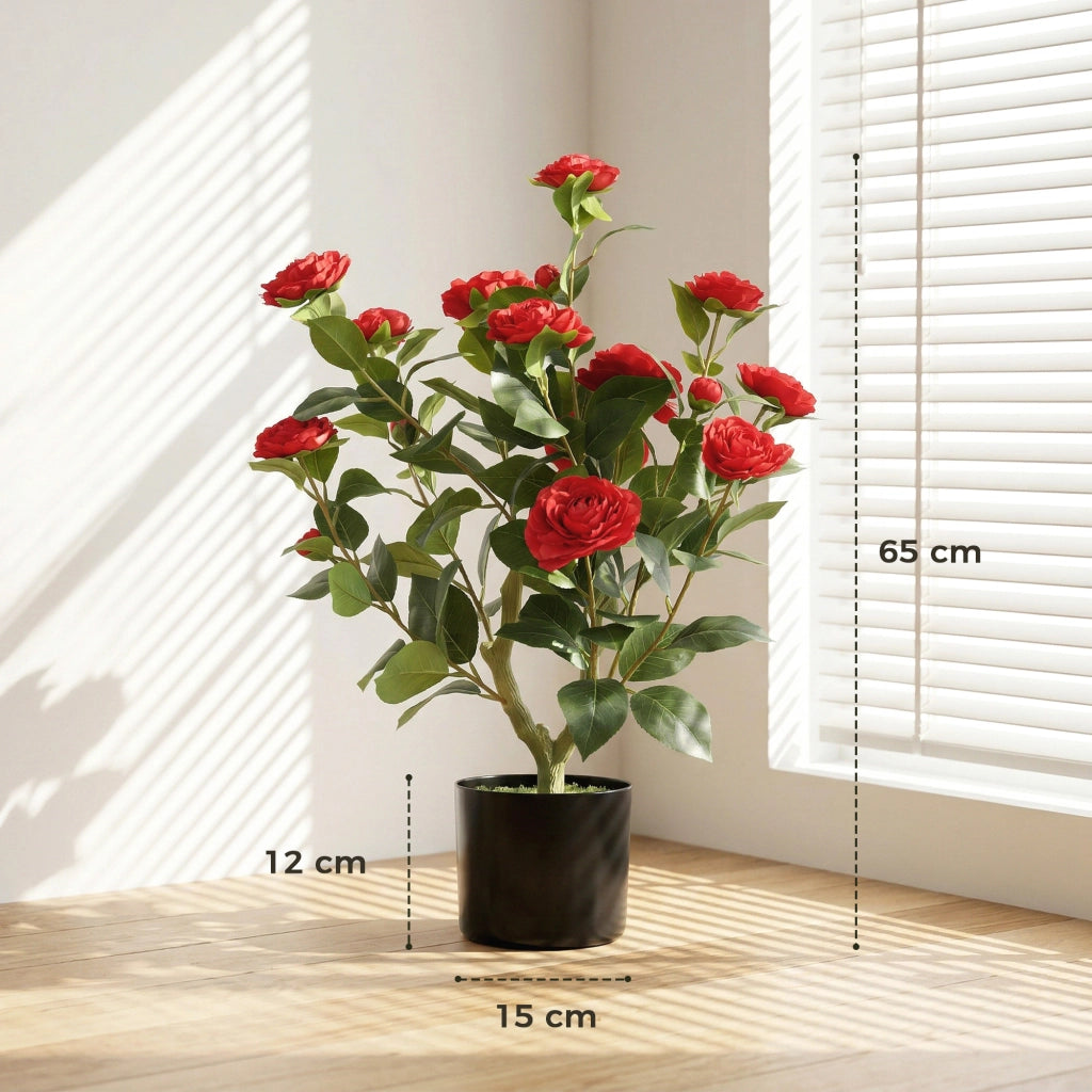 Planta Artificiale Camelia in Vaso con Fiori ¨C Minimal ¨C 65 cm, Effetto Muschio Rosso