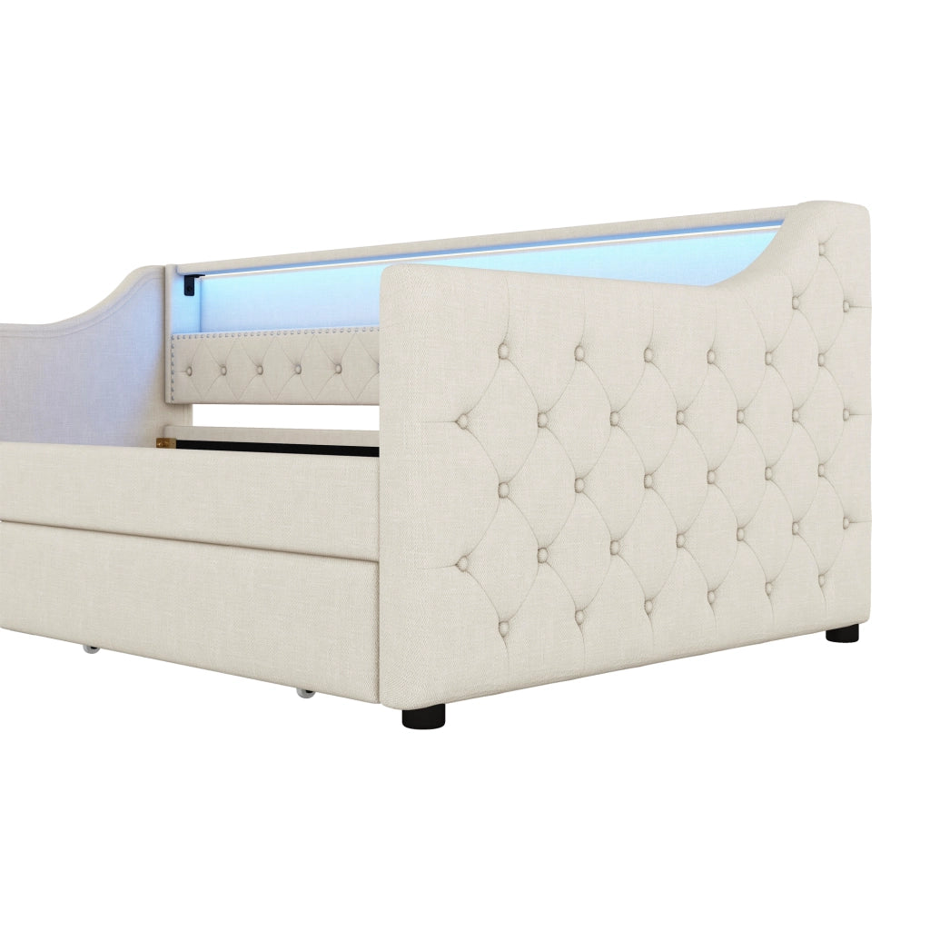 Letto singolo 90×200 cm con LED; USB e 2 cassetti; rete inclusa; senza materasso; lino; beige