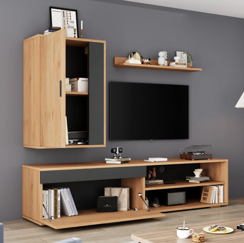 Set mobile TV da parete 3 pezzi 140 cm in truciolare effetto legno e nero