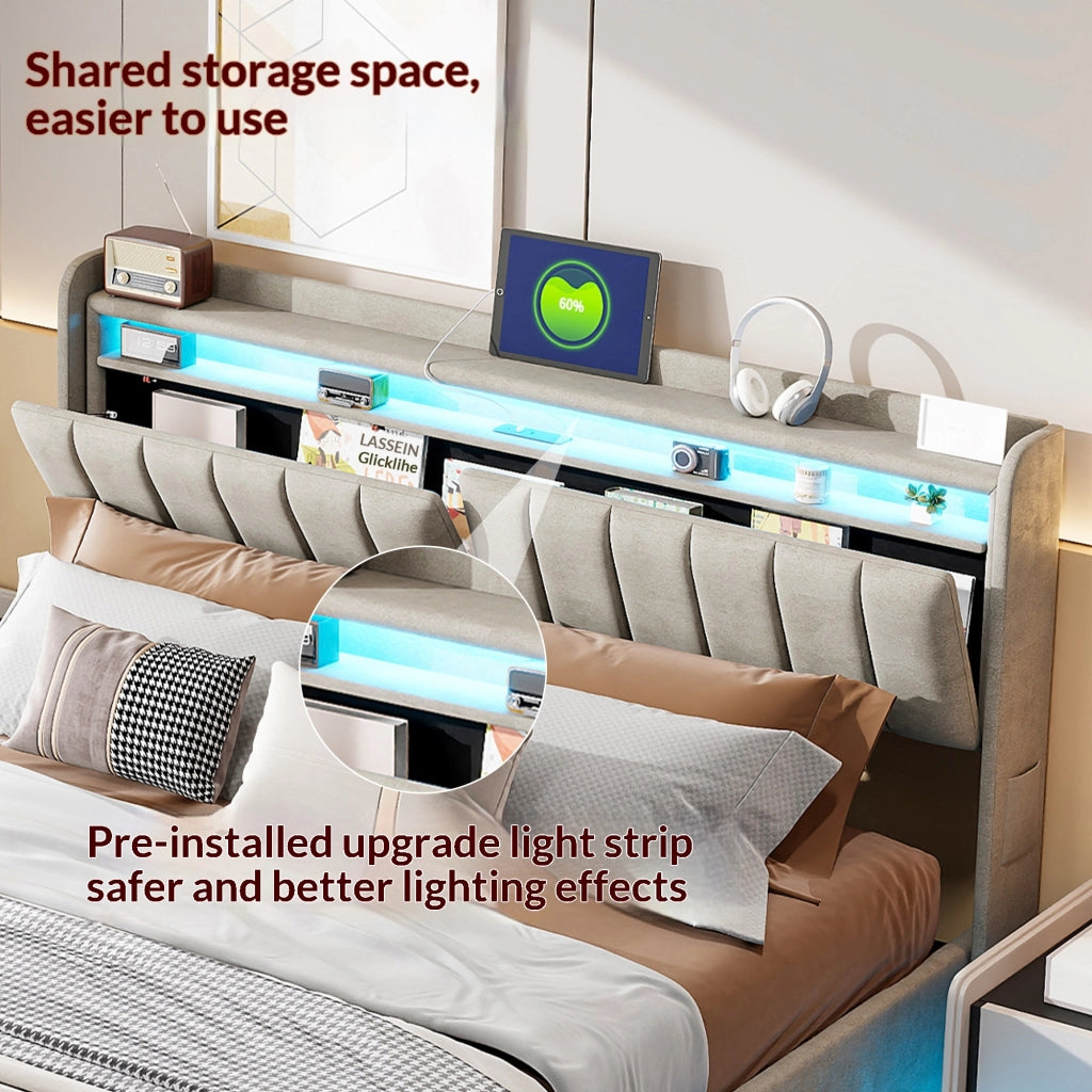 Letto matrimoniale 160x200 con contenitore;letto matrimoniale contenitore con testiera LED;struttura letto matrimoniale imbottita in velluto grigio