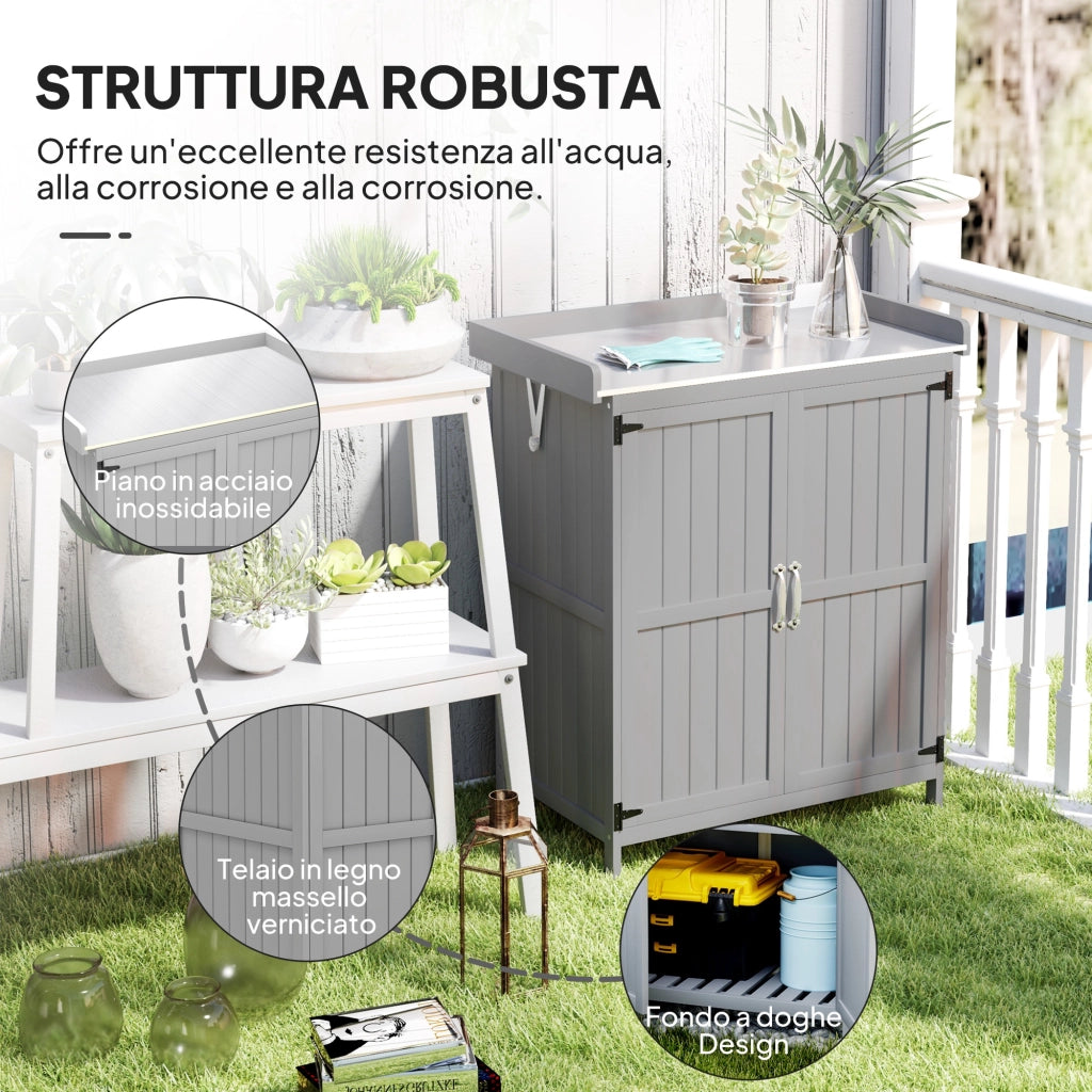 Armadietto da Esterno, Capanno Porta Attrezzi con Mensola, in Legno con 2 Ante per Giardino, Patio, Grigio