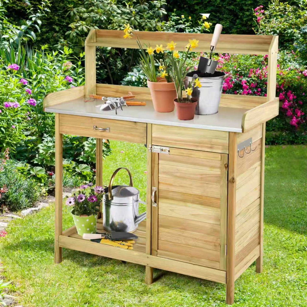 Tavolo da giardinaggio materiale ligneo, Armadietto con 3 ganci perfetto per esterni e giardini Naturale