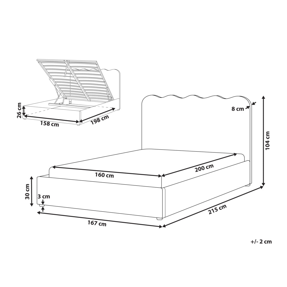 Letto in tessuto di ciniglia imbottito color tortora 160 x 200 cm contenitore elevabile con testiera e rete a doghe
