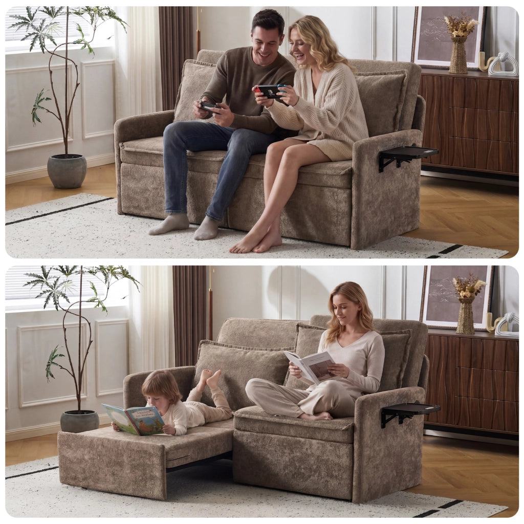 Divano letto con cuscini e USB, 3 in 1, schienale regolabile, contenitore, chenille, marrone ¨C Minimal
