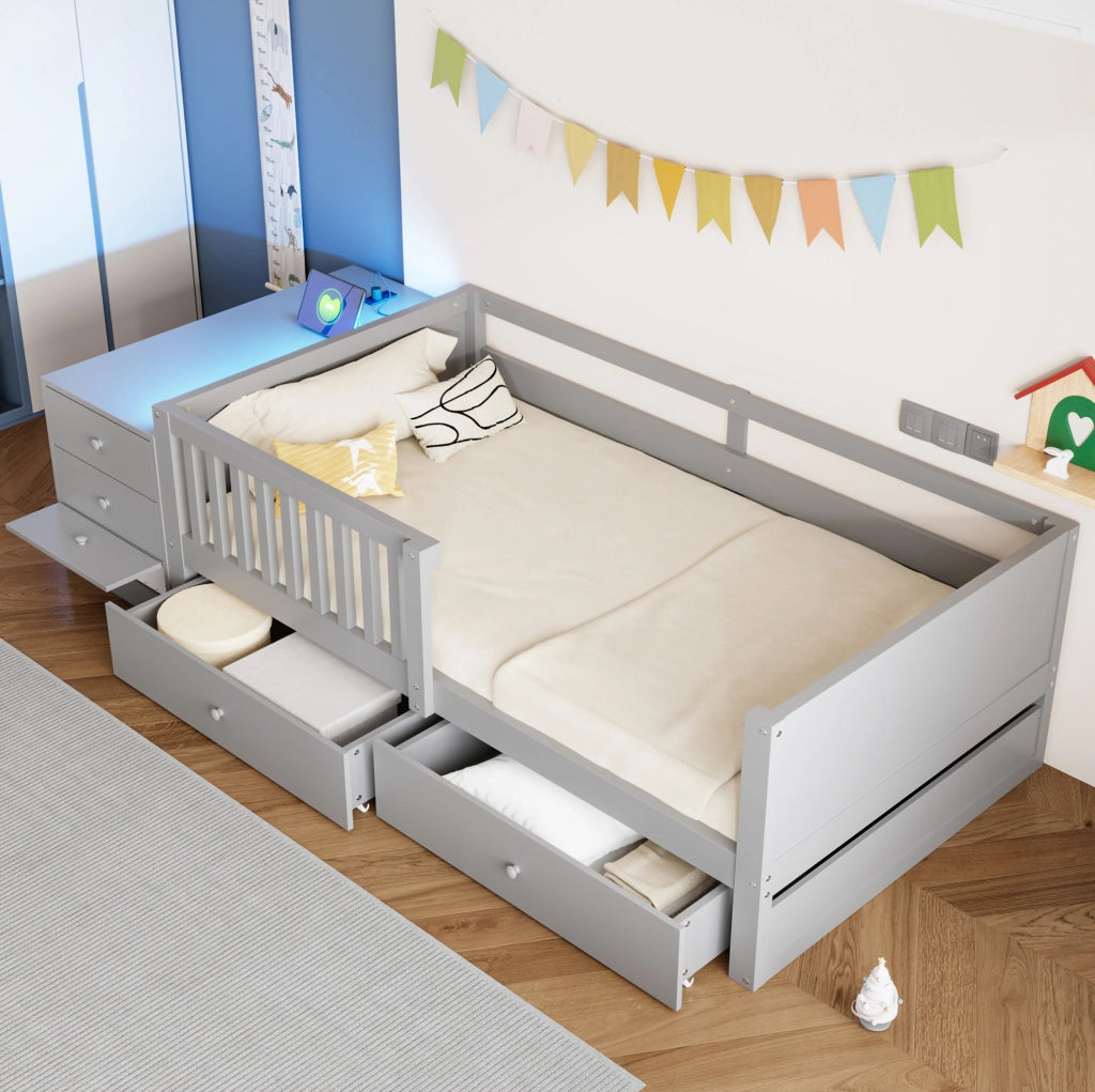 Letto a soppalco per bambini 90 x 200 cm con contenitore separato; LED e presa; grigio