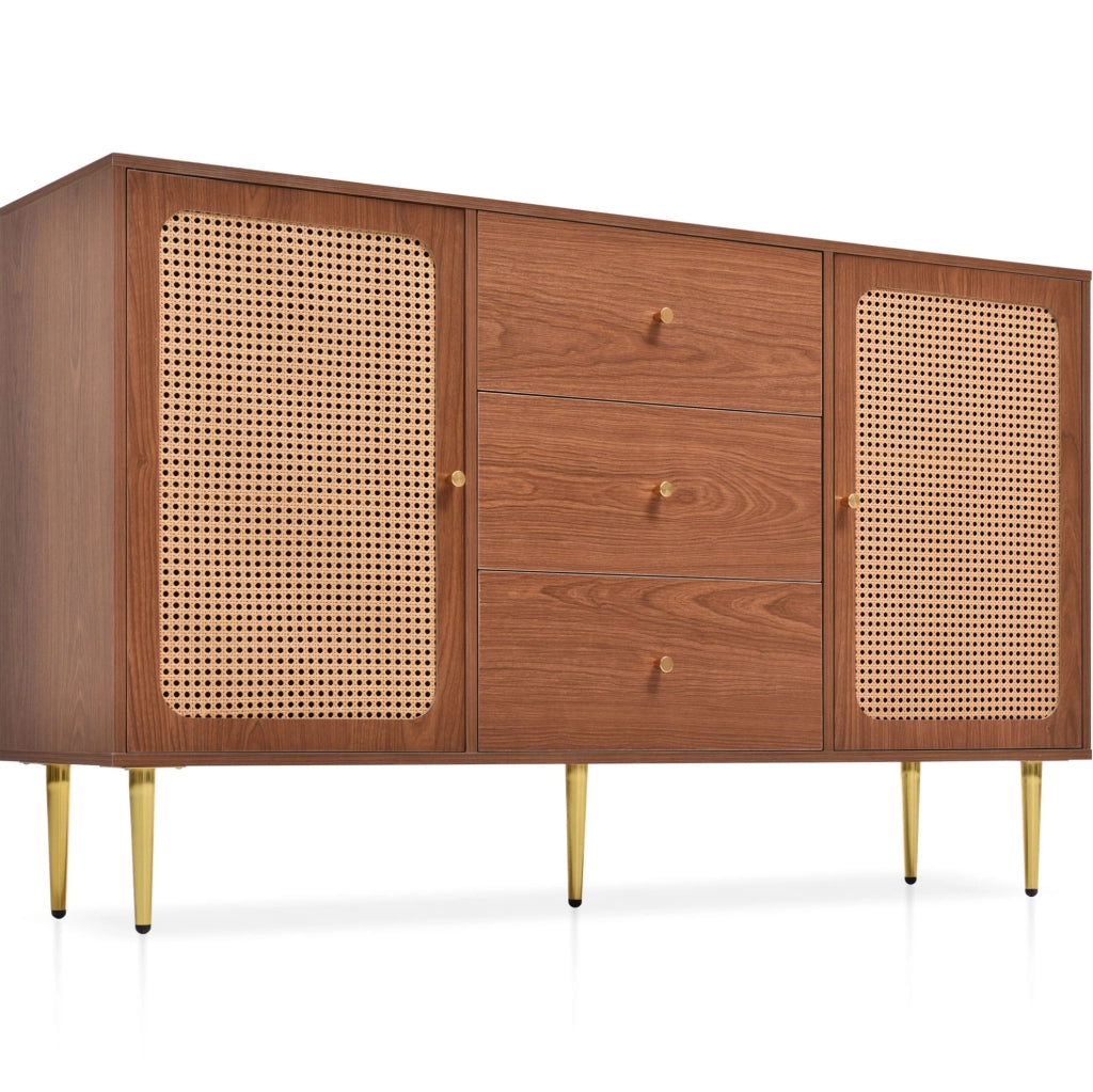 Comò con 3 cassetti e 2 ante; colore noce; 150x40x90 cm; in MDF; truciolare e metallo