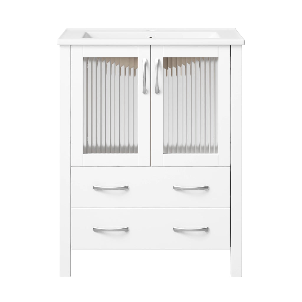 Mobile bagno con 2 cassetti; anta in vetro rigato e lavabo in ceramica con troppopieno per bagno; bianco; 61×47×86 cm