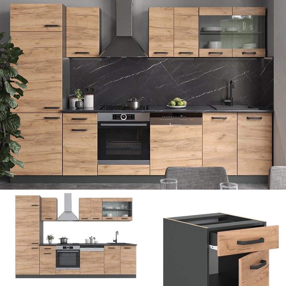 Cucina componibile R-Line Rovere dorato/Antracite 300 cm senza piano di lavoro Vicco