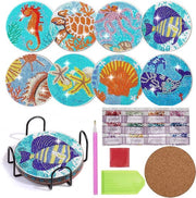 Set di sottopiani per pittura con diamanti, 8 pezzi, pittura con diamanti da fare da soli per adulti, con supporto, pittura con diamanti 5D mare, sottopiano per tazze con diamanti, rotondo, boho, per tazze e decorazioni di candele
