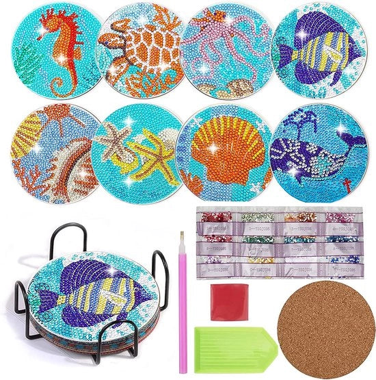 Set di sottopiani per pittura con diamanti, 8 pezzi, pittura con diamanti da fare da soli per adulti, con supporto, pittura con diamanti 5D mare, sottopiano per tazze con diamanti, rotondo, boho, per tazze e decorazioni di candele