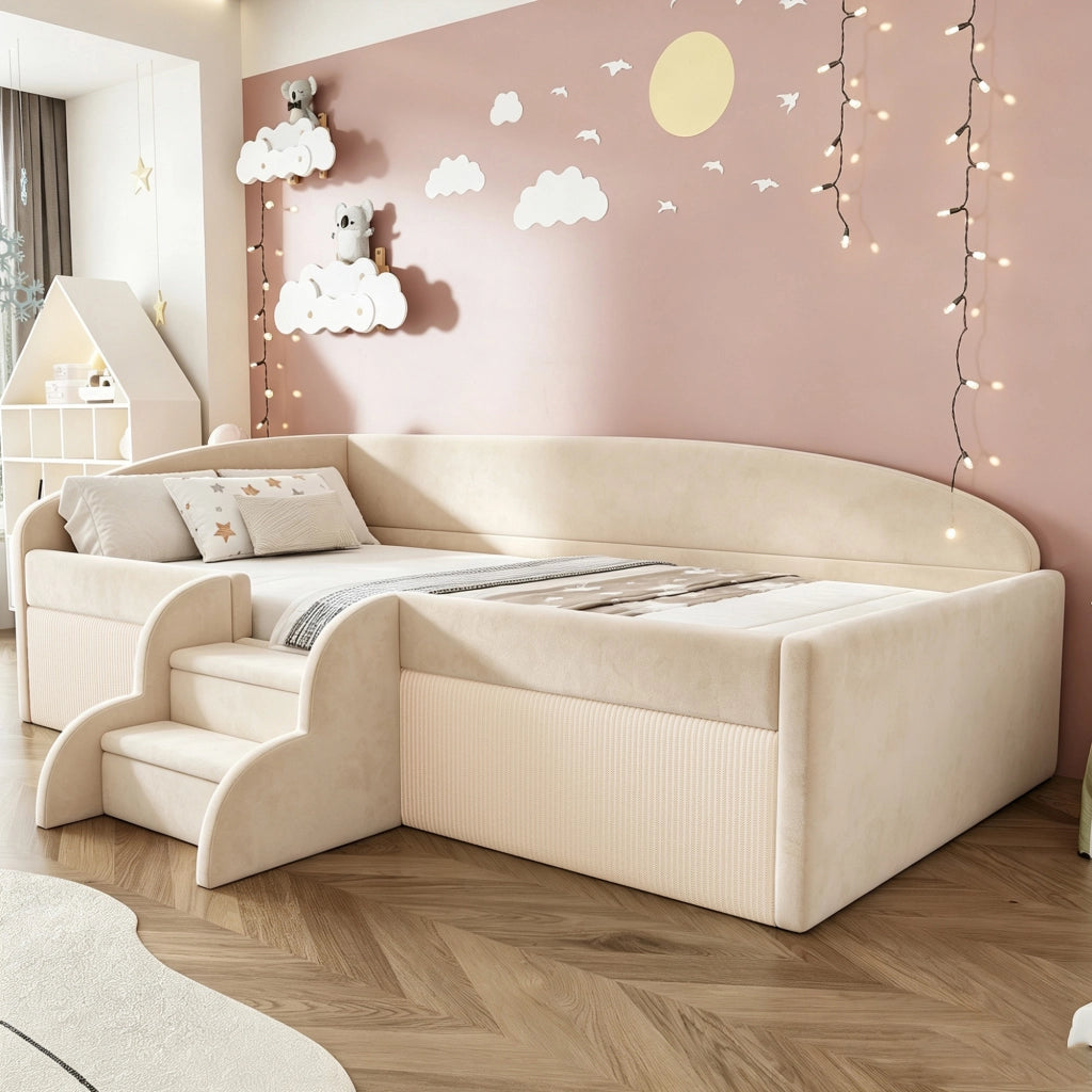 LETTO per bambini 90x190 cm in velluto beige con scale e sponde