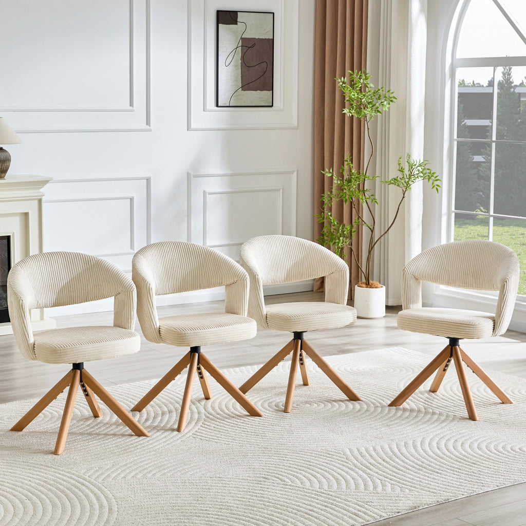 Set 2 Sedie Girevoli Retro ¨C MINIMAL ¨C Velluto a Coste Crema, Gambe in Legno Massello, Schienale Curvo