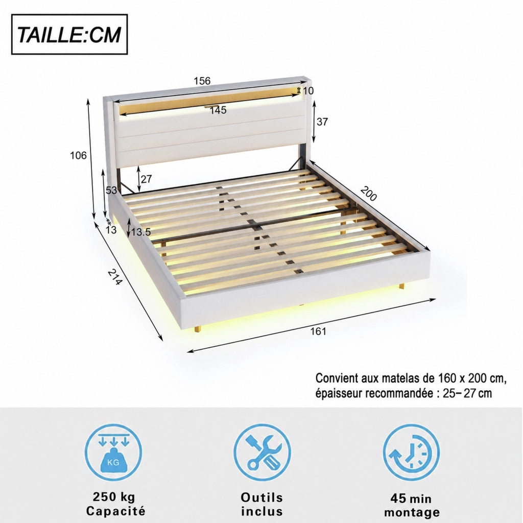 DESMIU Letto matrimoniale 160 × 200 cm con USB, LED regolabile, testiera reversibile e vano, senza materasso, beige