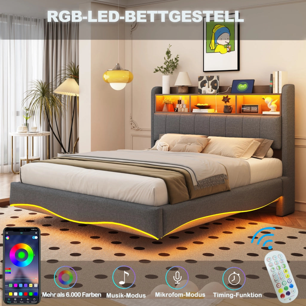 LETTO Imbottito 140x200 cm Grigio con LED, USB, Type-C e vano testiera