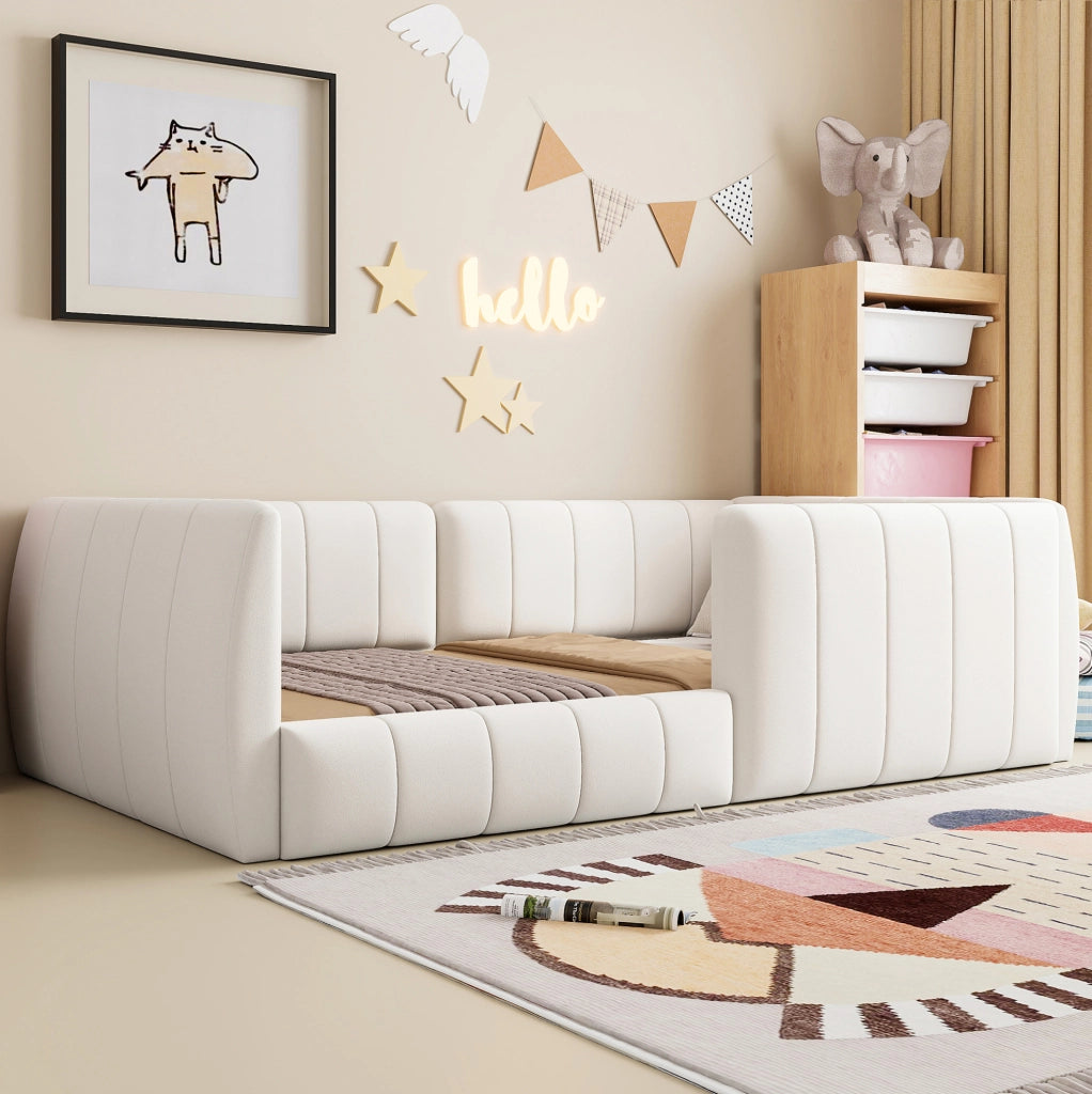 Letto singolo imbottito 90x200 cm con sponde di sicurezza; in velluto beige