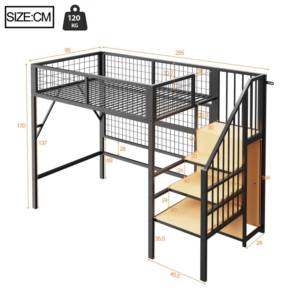 Letto a Soppalco con Scala Contenitore e LED ¨C MINIMAL ¨C Metallo Nero 90x200