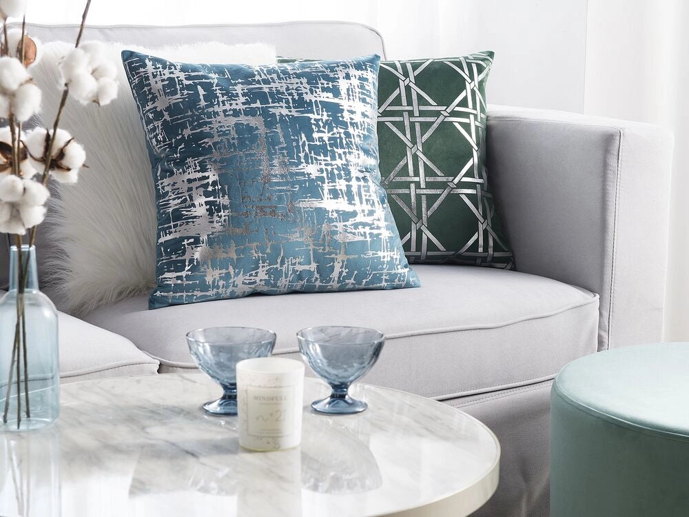 Set di 2 cuscini decorativi Velluto blu Argento effetto craquelé 45 x 45 cm Motivo stampa Accessori arredamento glamour