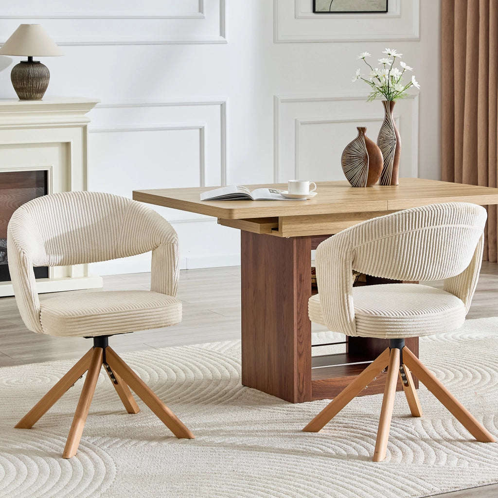 Set 2 Sedie Girevoli Retro ¨C MINIMAL ¨C Velluto a Coste Crema, Gambe in Legno Massello, Schienale Curvo
