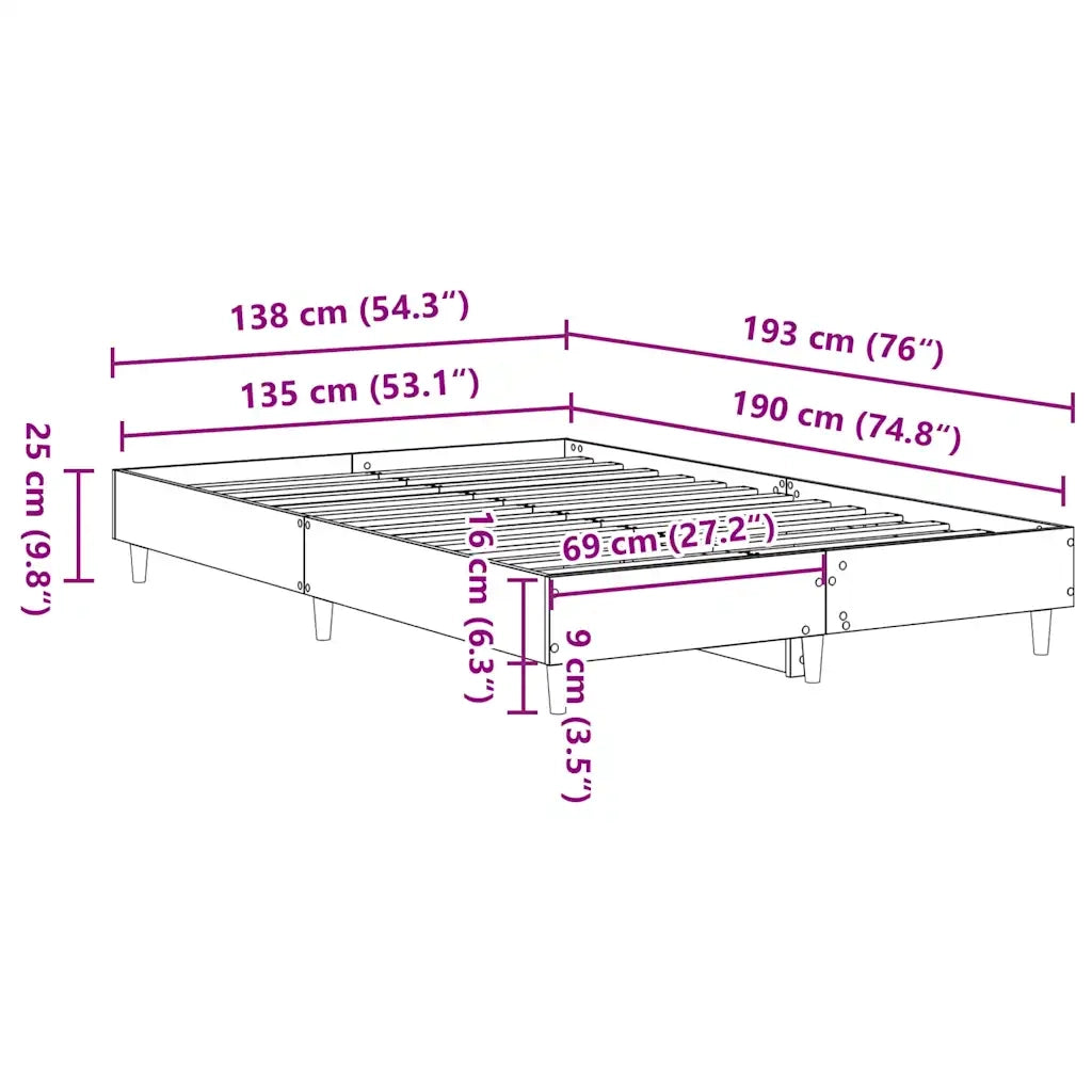 Letto matrimoniale | Letto per adulti | Giroletto senza Materasso Grigio Sonoma 135x190cm in Truciolato