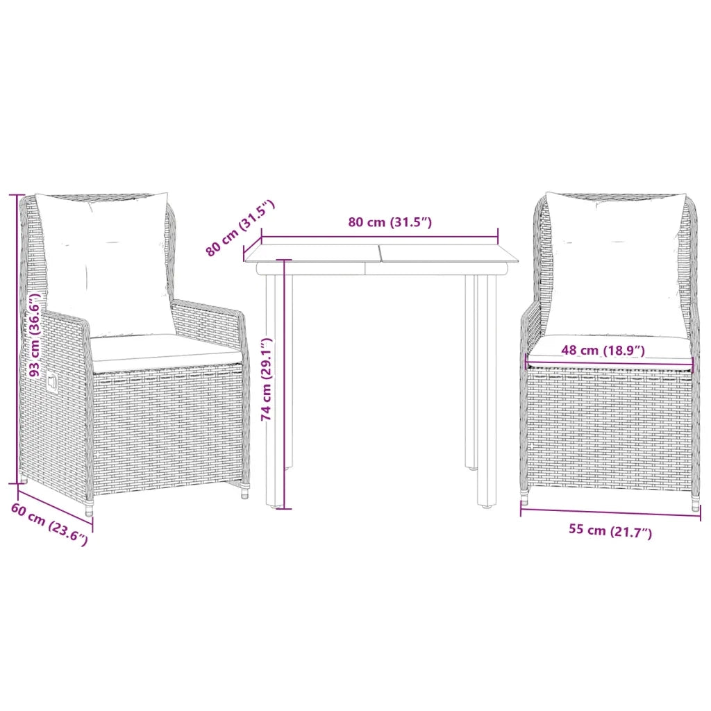 Set da Pranzo da Giardino 3 pz | Set Salotto da Giardino con Cuscini Beige in Polyrattan