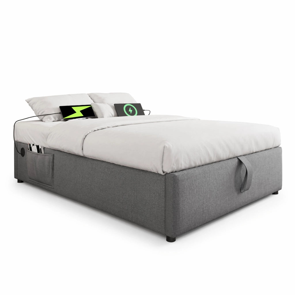 Letto imbottito 90x190 cm con contenitore, USB e Type-C, grigio