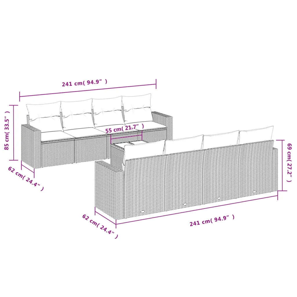 Set Divano da Giardino 9pz con Cuscini Grigio Chiaro Polyrattan 3218742