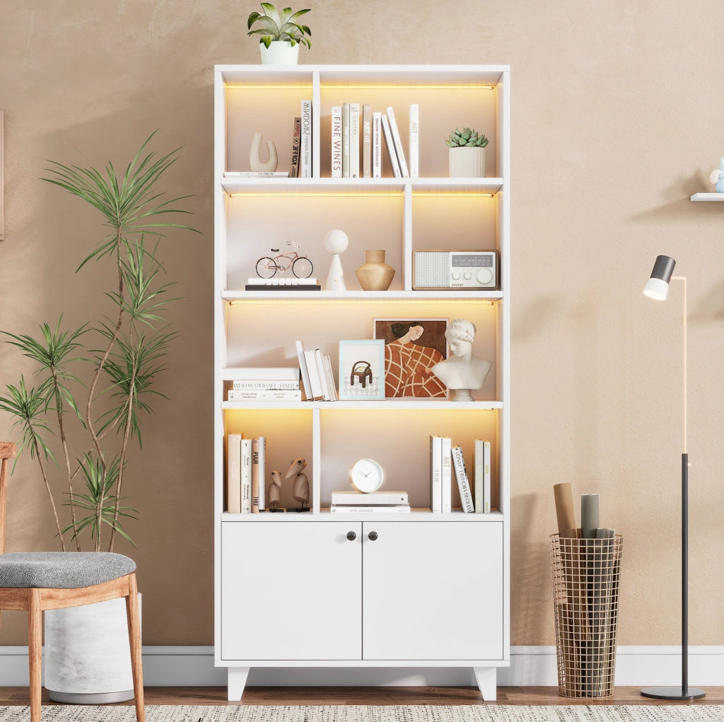 Libreria 80x30x173 cm con LED controllata tramite app e ante doppie in MDF e legno bianco
