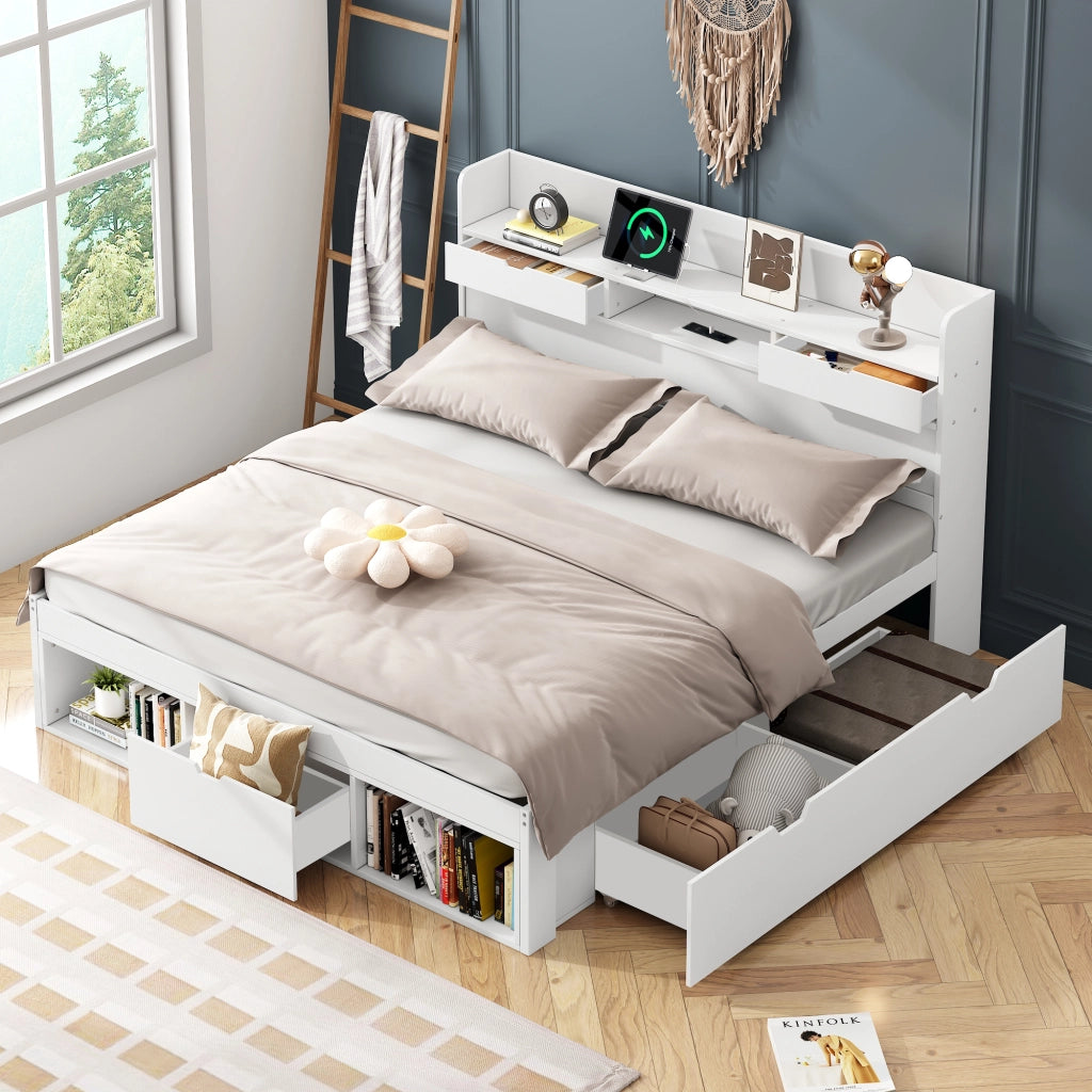 Letto matrimoniale multifunzione 140x190 cm per bambini e ragazzi con USB; cassetti e ampio vano portaoggetti; bianco